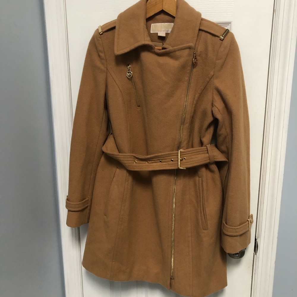 Michael Kors Womens Tan Camel Belted Wool Blend Asymmetrical Collared Coat Zip 2
